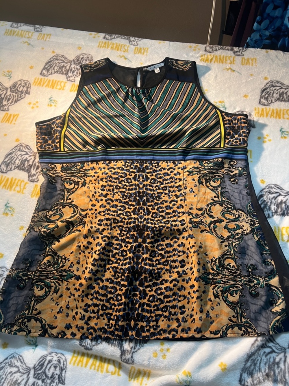 CAbi ~ Style 565 Mixed Print Sleevless Tunic Blouse Size L Sheer